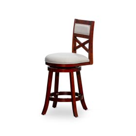 30" Bar Height X-Back Swivel Stool; Cherry Finish; Beige Fabric Seat