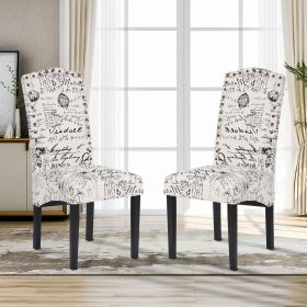 Dining Script Fabric Accent Chair with Solid Wood Legs; Set of 2