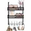 Hooks on the door to hang clothes; towel rack on the door with 2 baskets; coat rack on the door bathroom organizer; black