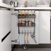 Hooks on the door to hang clothes; towel rack on the door with 2 baskets; coat rack on the door bathroom organizer; black