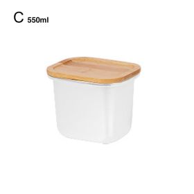 Stainless Steel Bamboo Cover Lunch Box (Option: Ivory white-550ml)