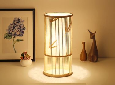 Tea Room Bamboo Woven Table Lamp Study Night Light Adjustable Light Warm Zen Bedside Lamp (Option: Bamboo leaf style large-Dimmer switch)