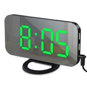 Digital LED Alarm Clock Mirror 2 USB Charger Ports Night Light LED Table Clock Snooze Function Adjustable Brightness Desk Clocks (Ships From: China, Color: Black-Green)